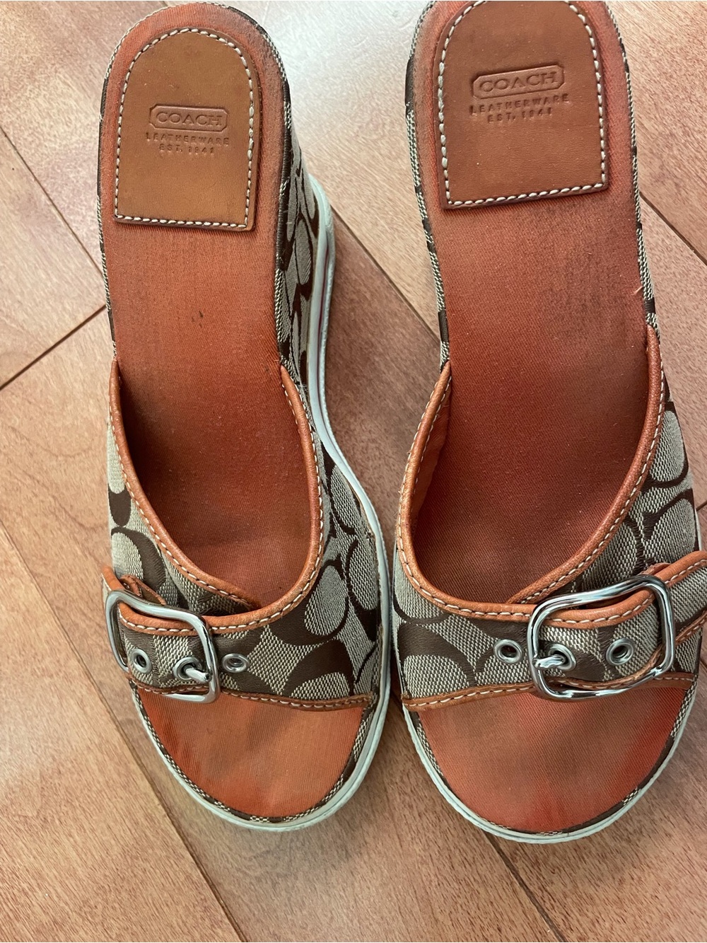 Coach Brown Signature Canvas Slide Mules with Leather Trim